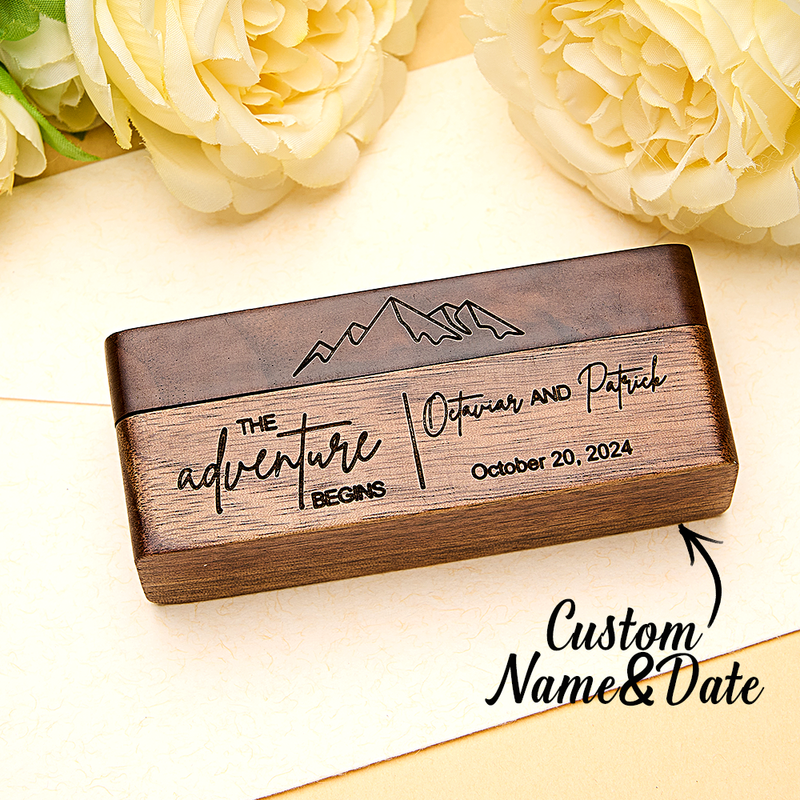 Personalized Rustic Engraved Wood 2 Rings Bearer Box with Date & Name Wedding Proposal Gift for Couple