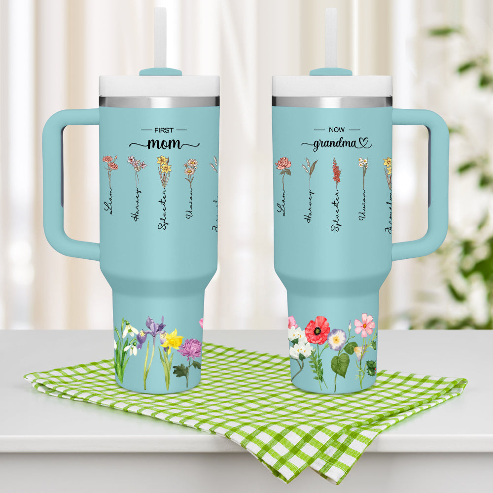 Personalized 40 Oz Mother’s Garden Tumbler – Custom Name Travel Cup With Handle & Straw, Gift For Mom & Grandma