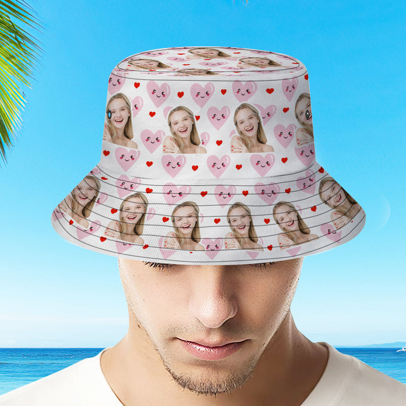 Custom Face Bucket Hat Unisex Fisherman Hat Pink Heart Summer Hat Creative Gift