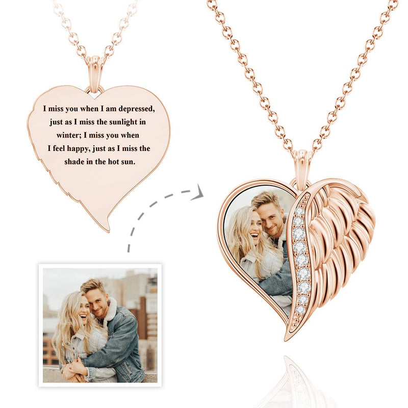 Custom Photo Engraved Necklace Angel Wings Heart Gifts