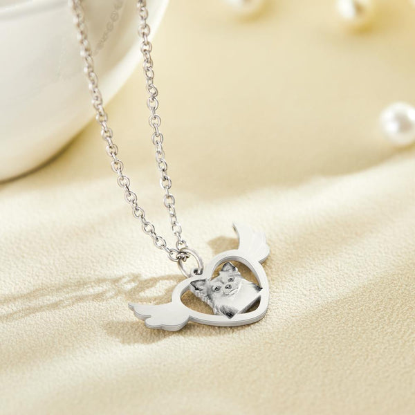 Custom Photo Engraved Necklace Angel Heart Shaped Wings Necklace Gift for Pet Lovers