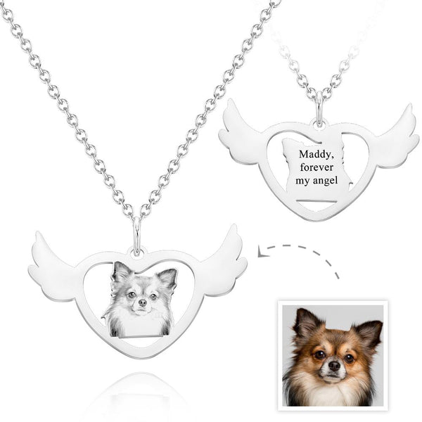 Custom Photo Engraved Necklace Angel Heart Shaped Wings Necklace Gift for Pet Lovers