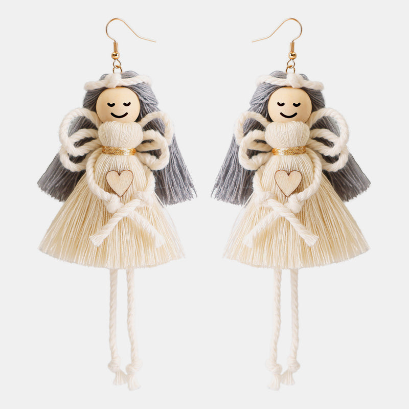Wood Cotton Cord Brass Angel Dangle Earrings