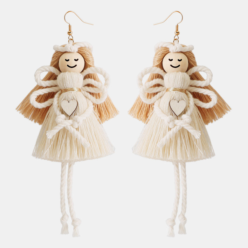 Wood Cotton Cord Brass Angel Dangle Earrings
